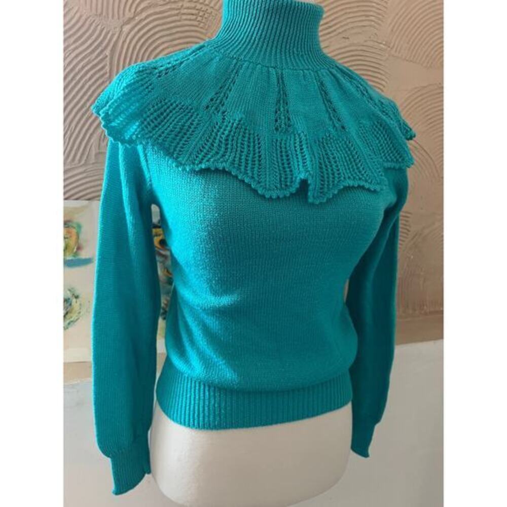 Vintage 80s 90s Ruffled Turtle Neck top, Knit, Teal, Turquoise